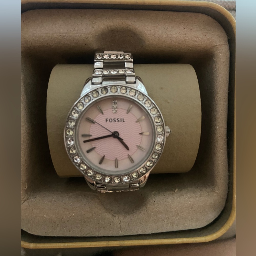 Fossil Pink Dial Silver Bracelet Watch